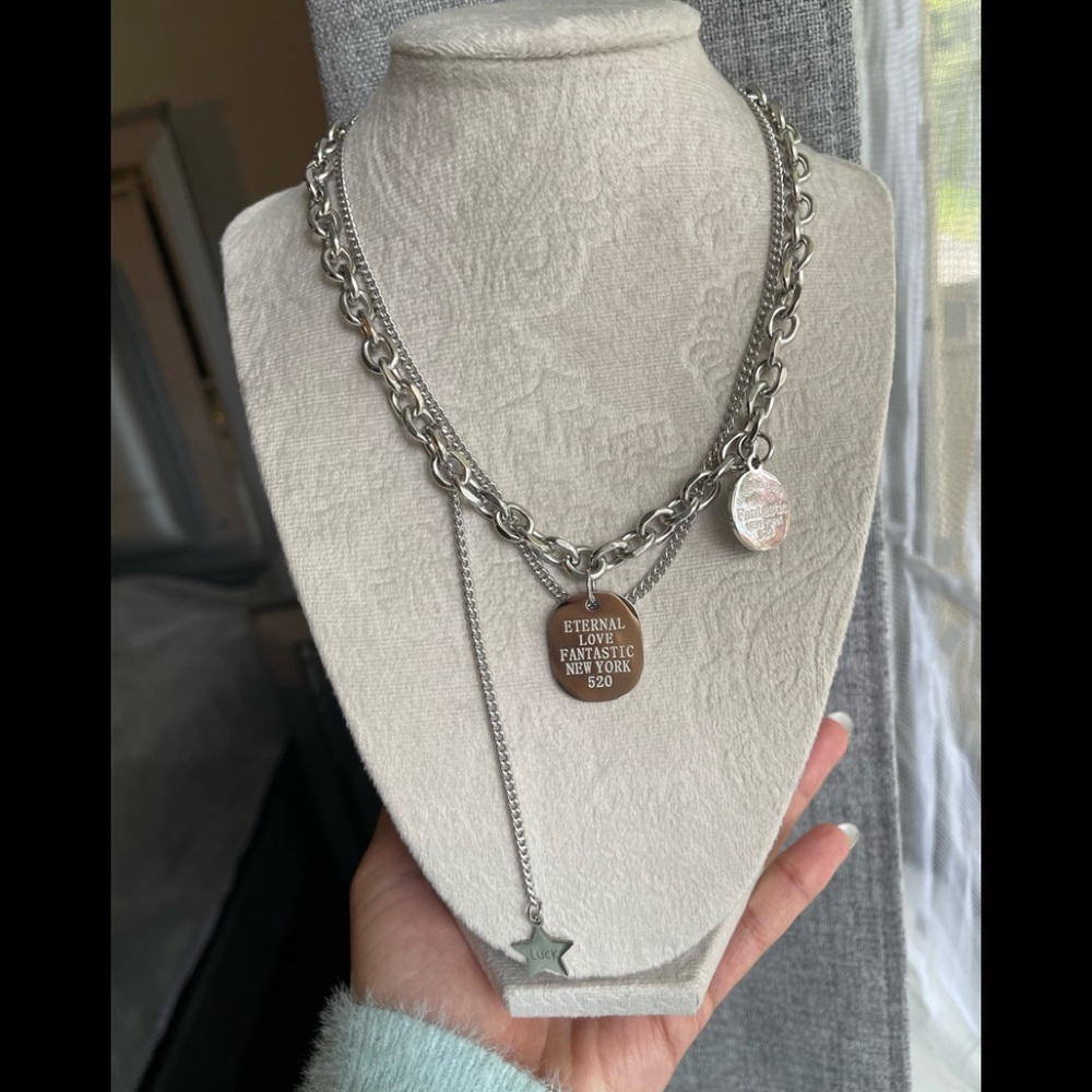 New, Stainless Steel Silver Love Forever Layered Necklace